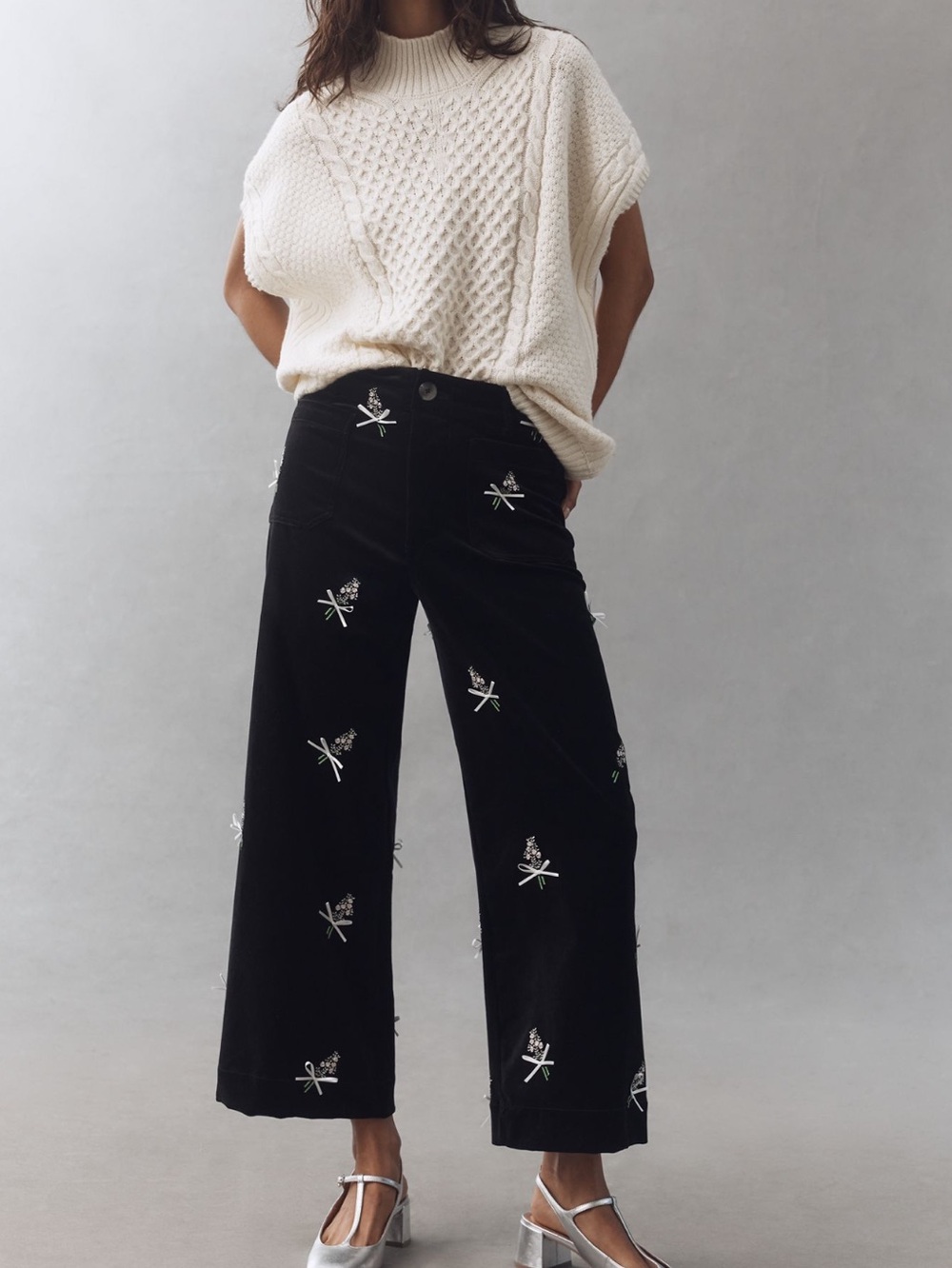 Anthropologie Colette Pants Maeve Cropped Wide
Leg Velvet Embroidered New Black - Picture 5 of 15